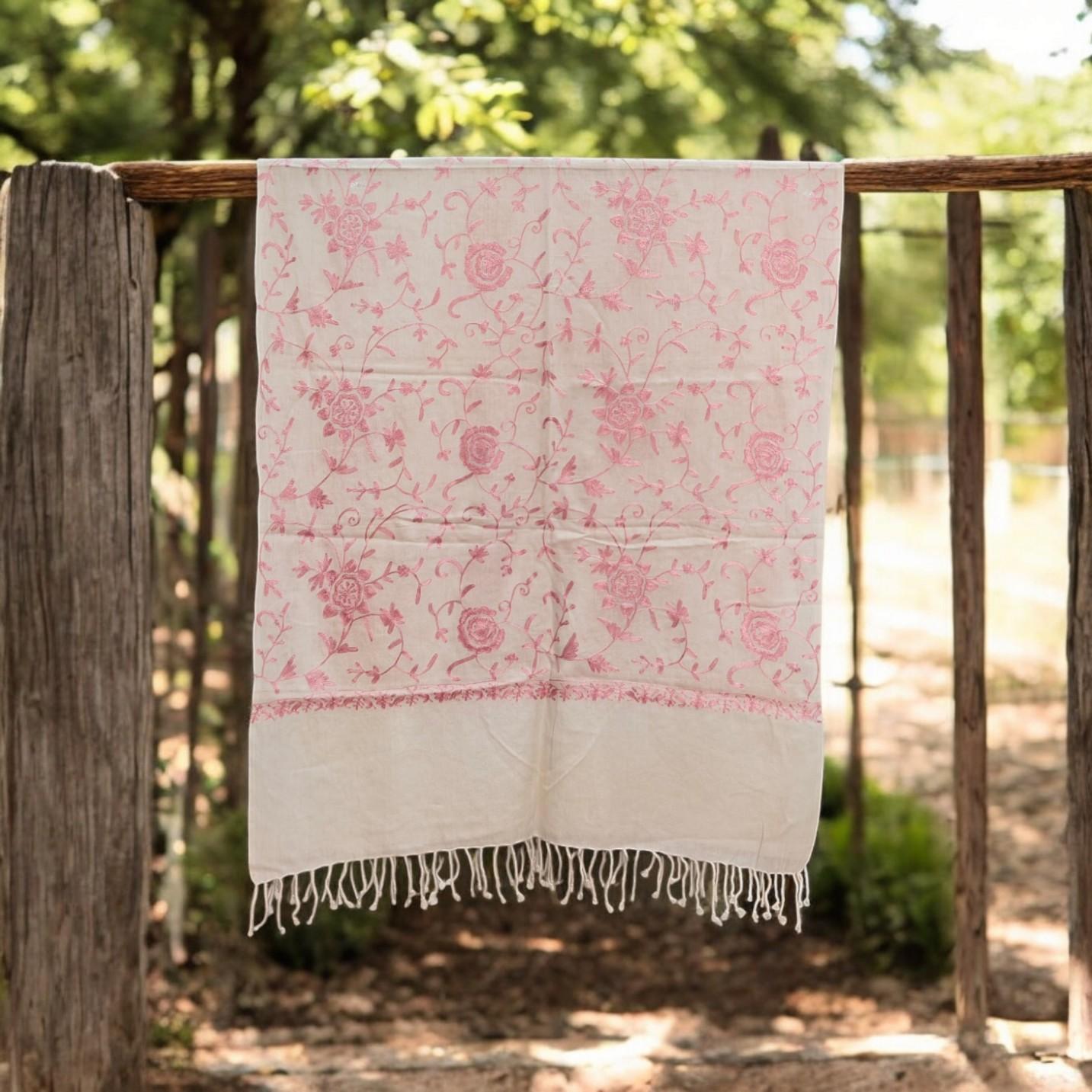 Luxury cotton Stole with embroidery pink